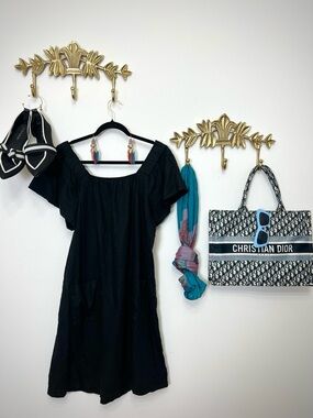 Linen blend  Black Off-Shoulder Midi Dress L ptp 22.5” l 38”